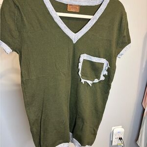 POL Olive V-Neck Top with Gray Trim